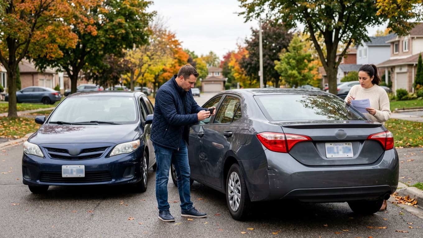 Two drivers documenting minor collision damage at the roadside on a suburban Ontario street