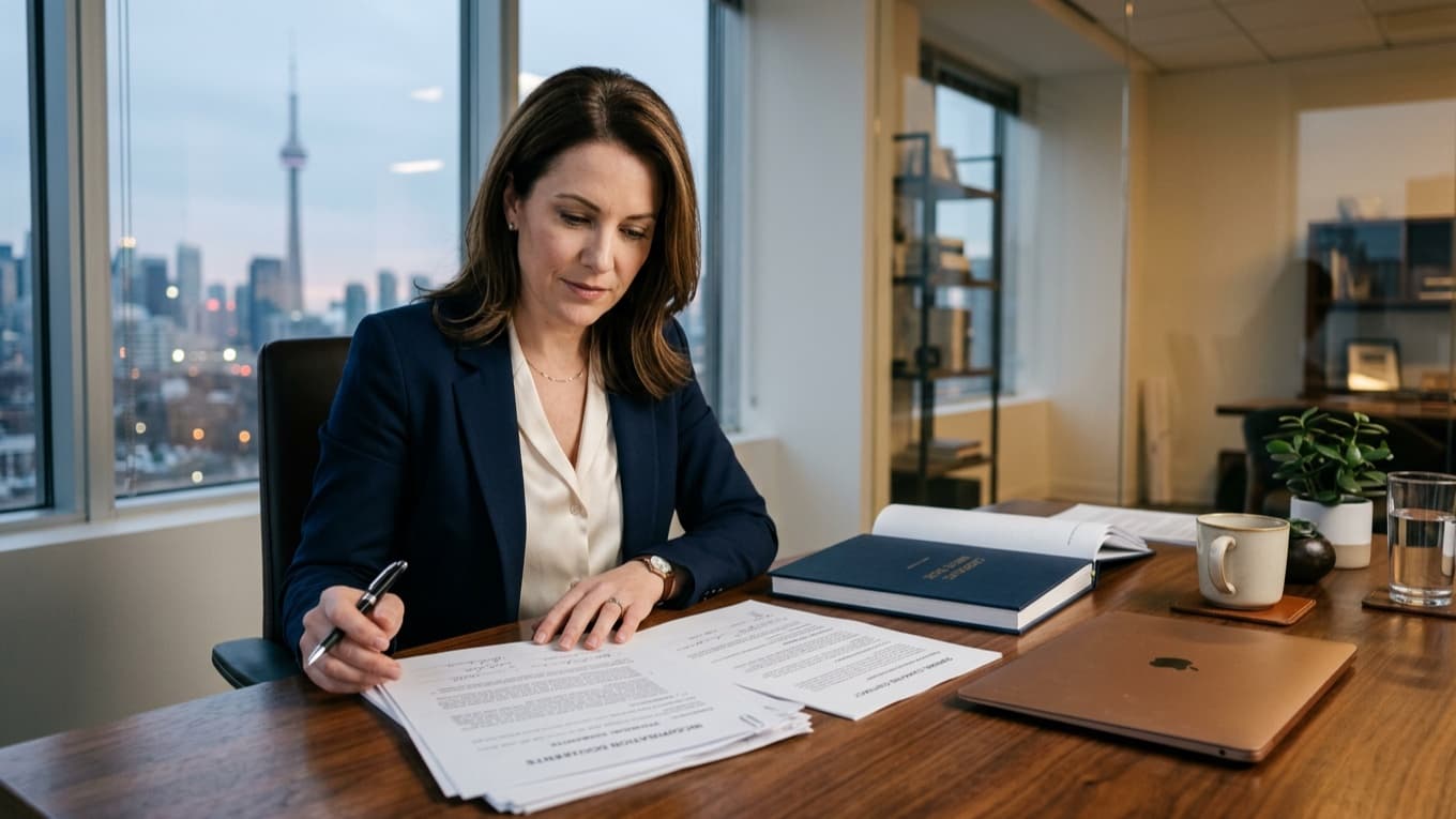 Business owner reviewing incorporation and guarantee documents at a desk in a Toronto office