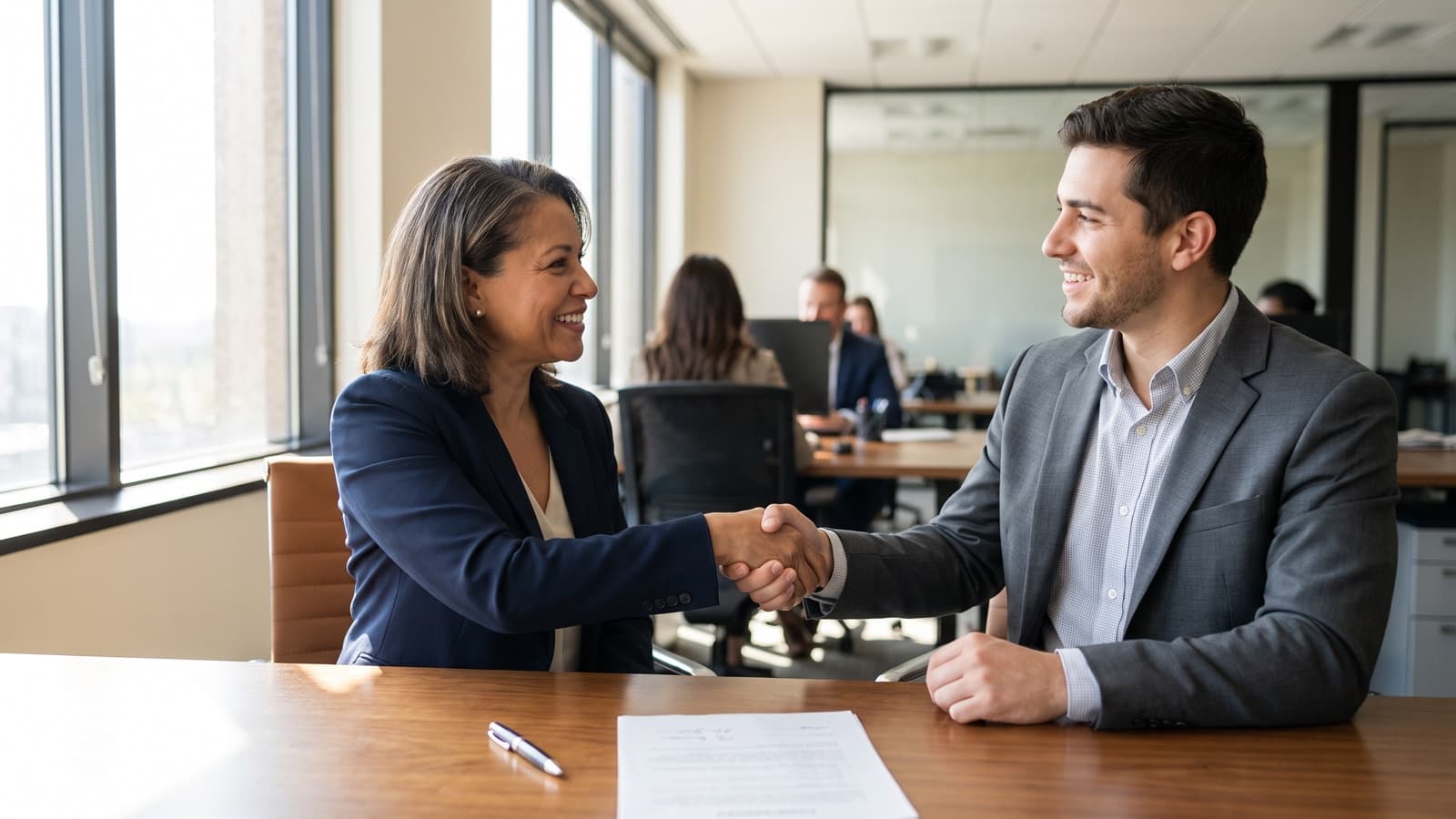 Employer shaking hands with a new employee across a desk holding a signed employment contract