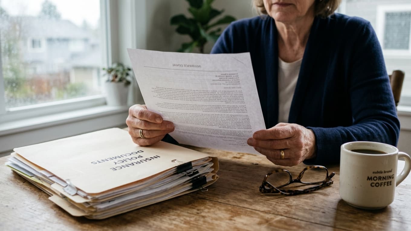 Person at a kitchen table reading an insurance denial letter beside a folder of policy documents