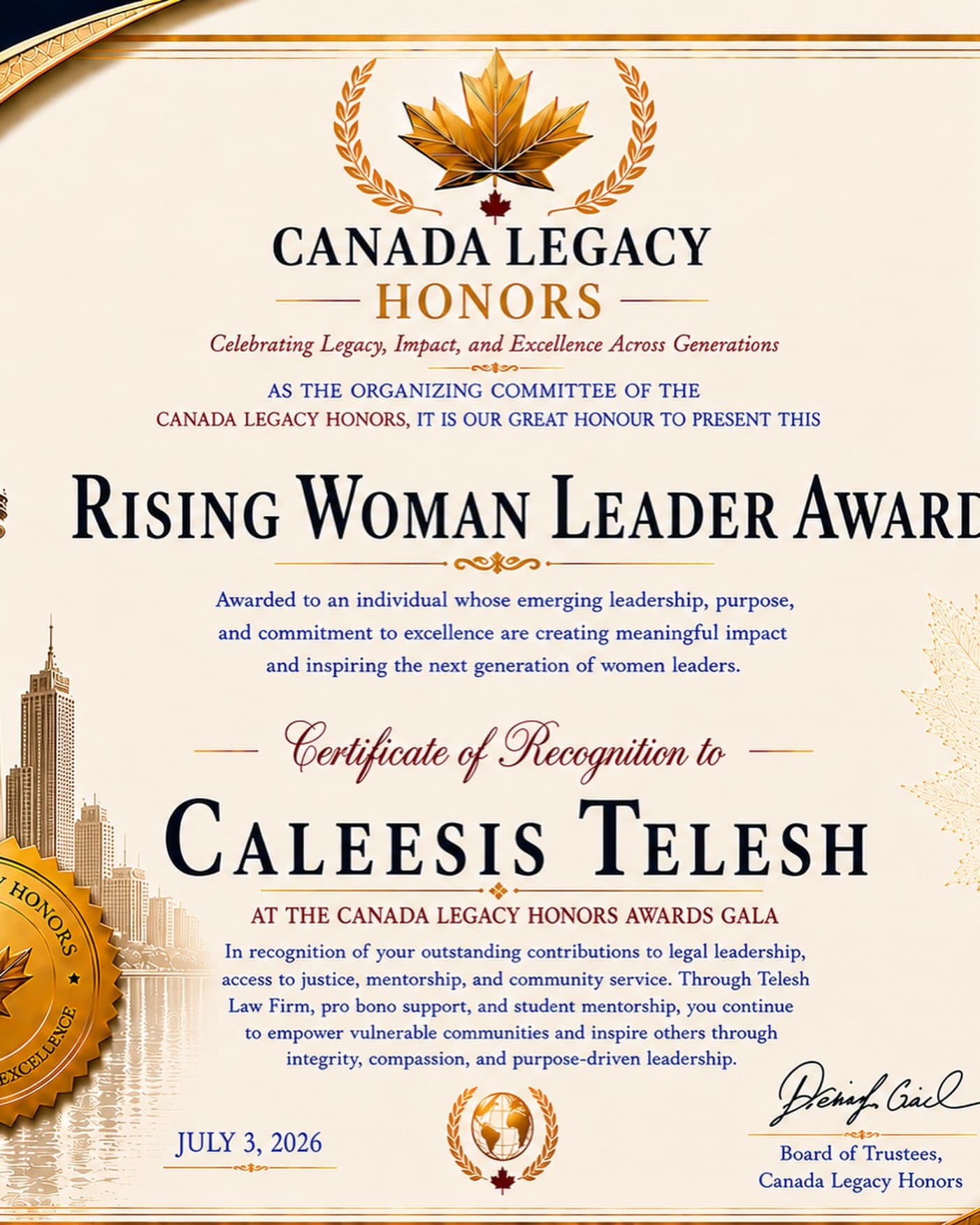 Rising Woman Leader Award certificate presented to Caleesis Telesh