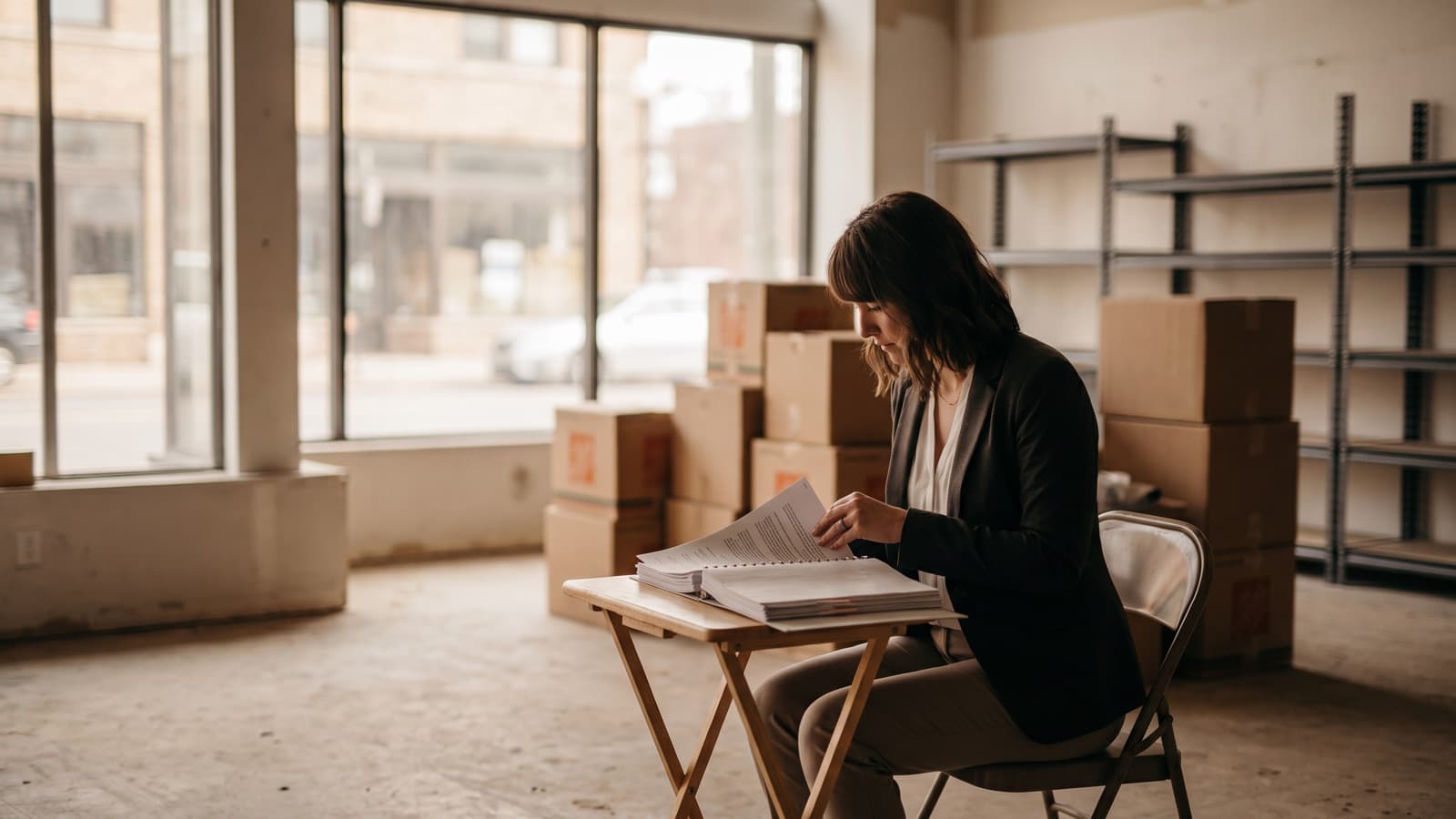 Prospective franchisee reviewing a thick disclosure document at a table in an empty storefront