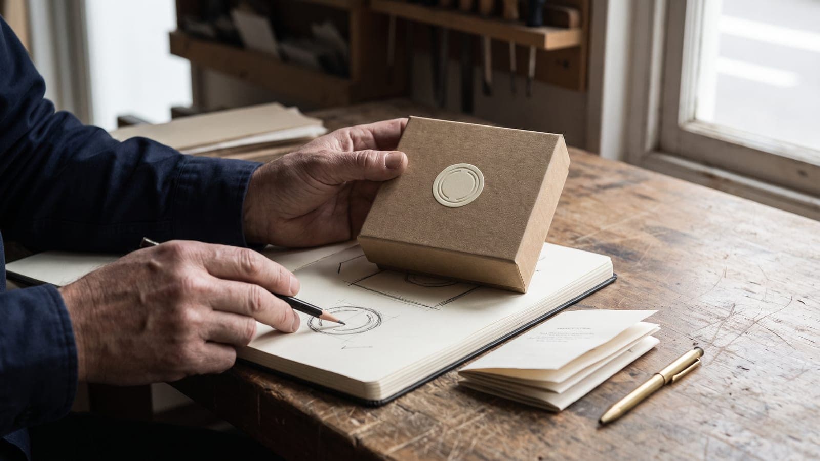 Small business owner comparing a brand logo on product packaging with a sketch in a notebook at a workshop table