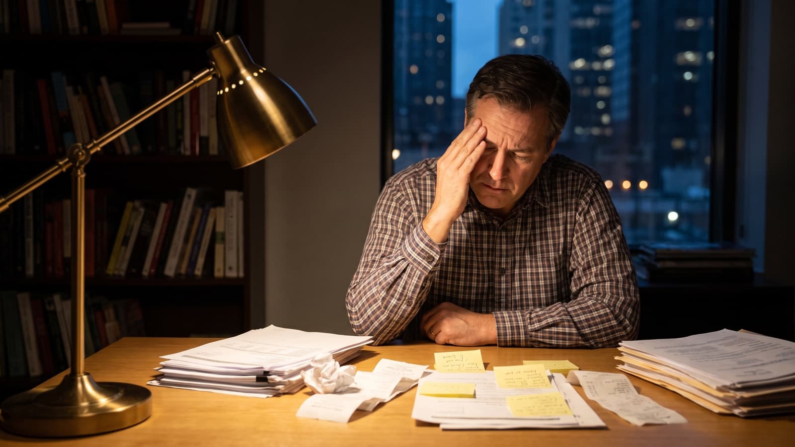 Business owner at a cluttered desk reviewing a stack of unsigned agreements late at night