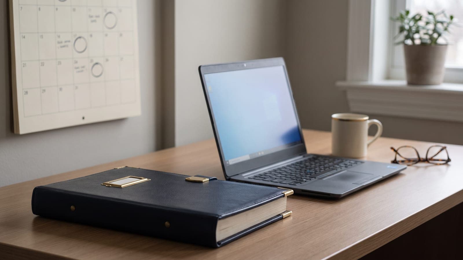 A corporate minute book, a wall calendar and a laptop on a tidy desk in a small Ontario office