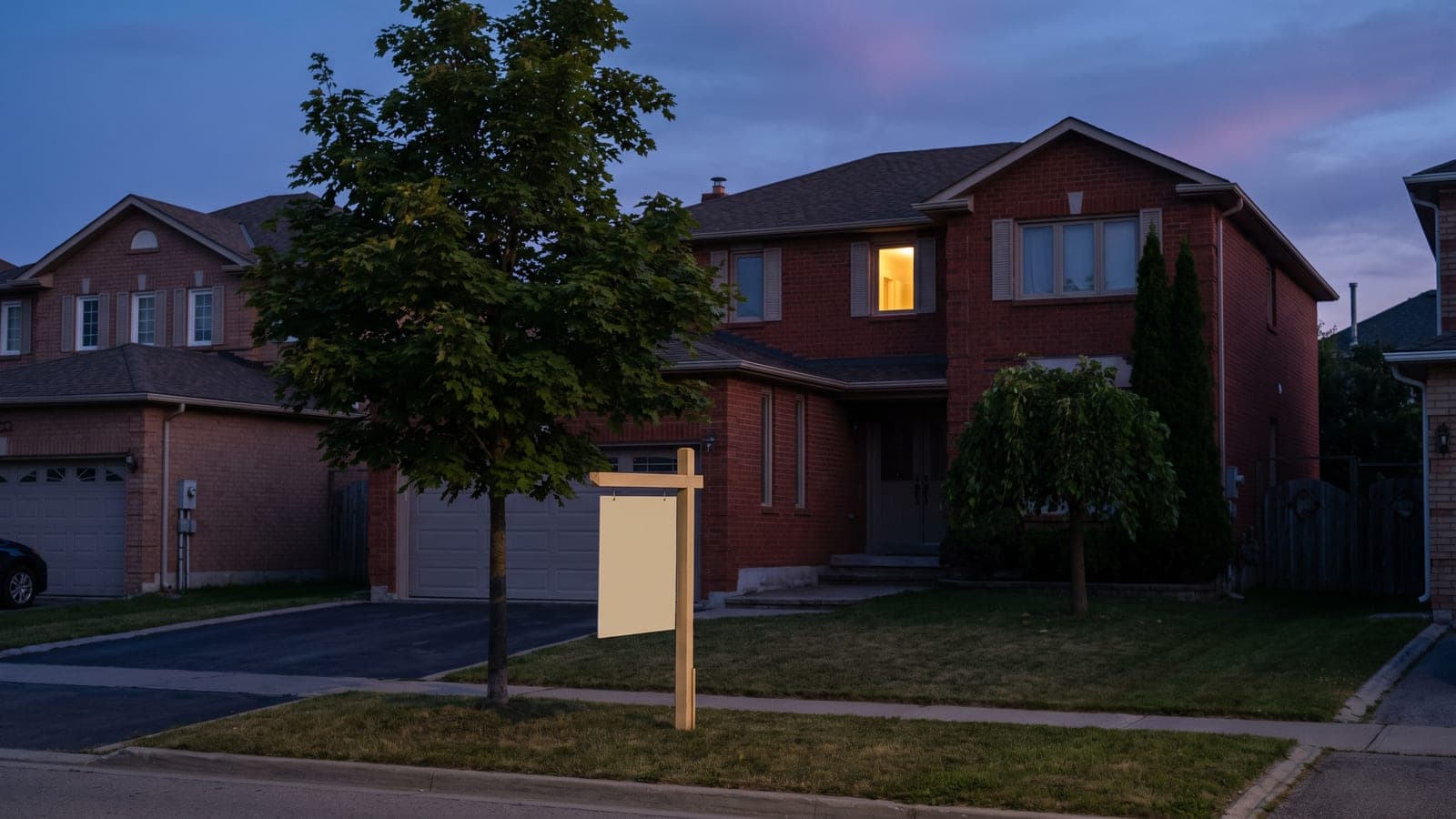 A detached brick house on a suburban Ontario street at dusk with a real estate sign on the front lawn