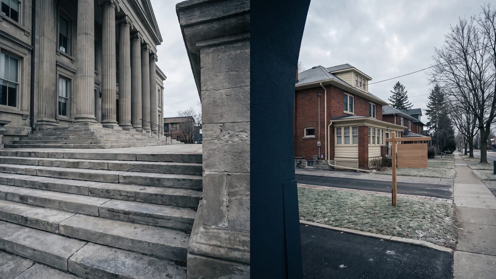 The stone steps of a Superior Court courthouse in Ontario on one side and a residential street with a sold sign on the other