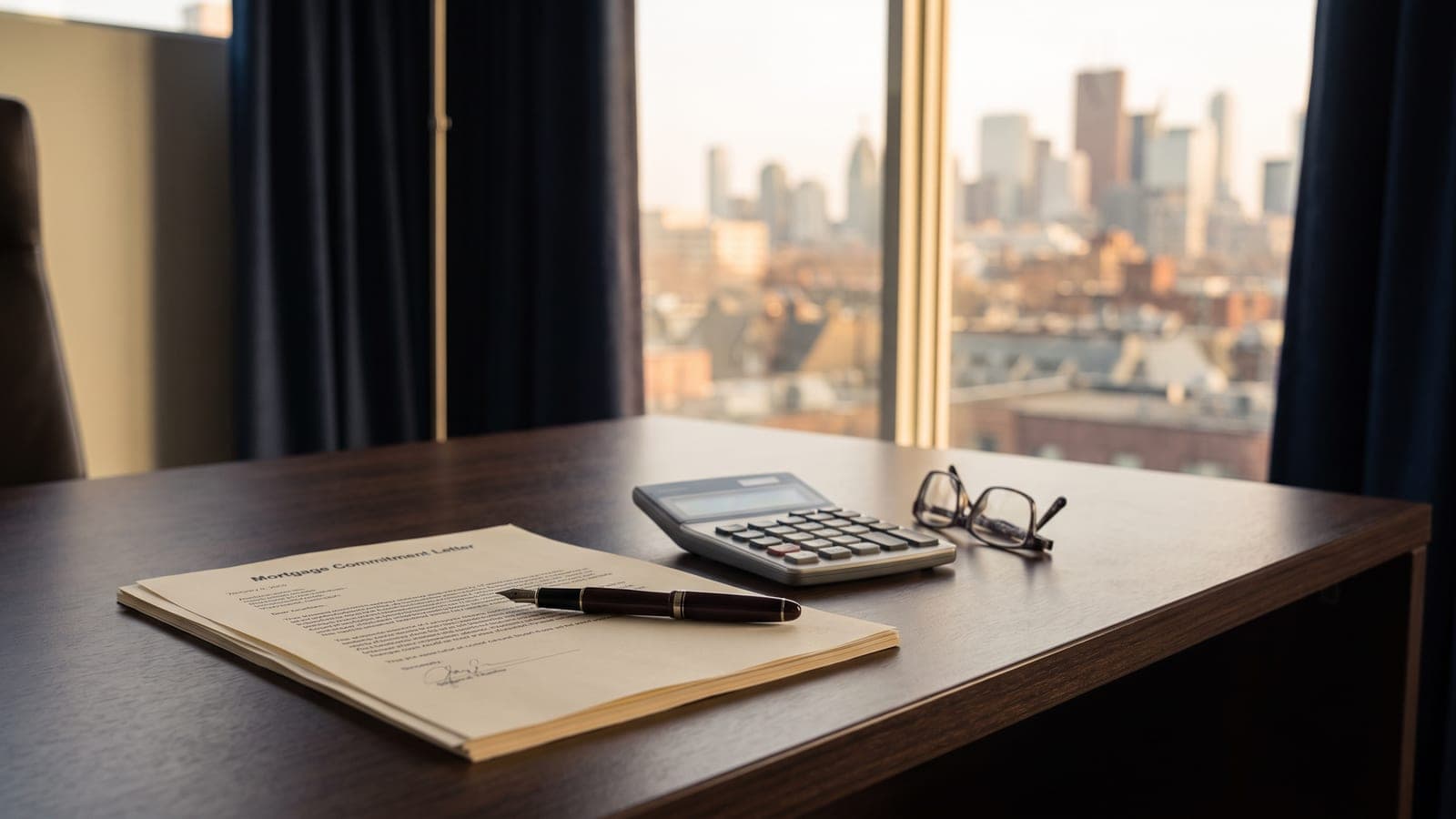 A mortgage commitment letter, a pen and a calculator on a desk beside a window overlooking Toronto rooftops