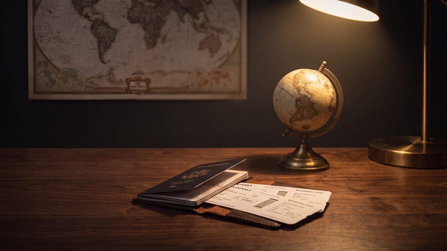 A passport and boarding passes on a desk beside a globe and a world map