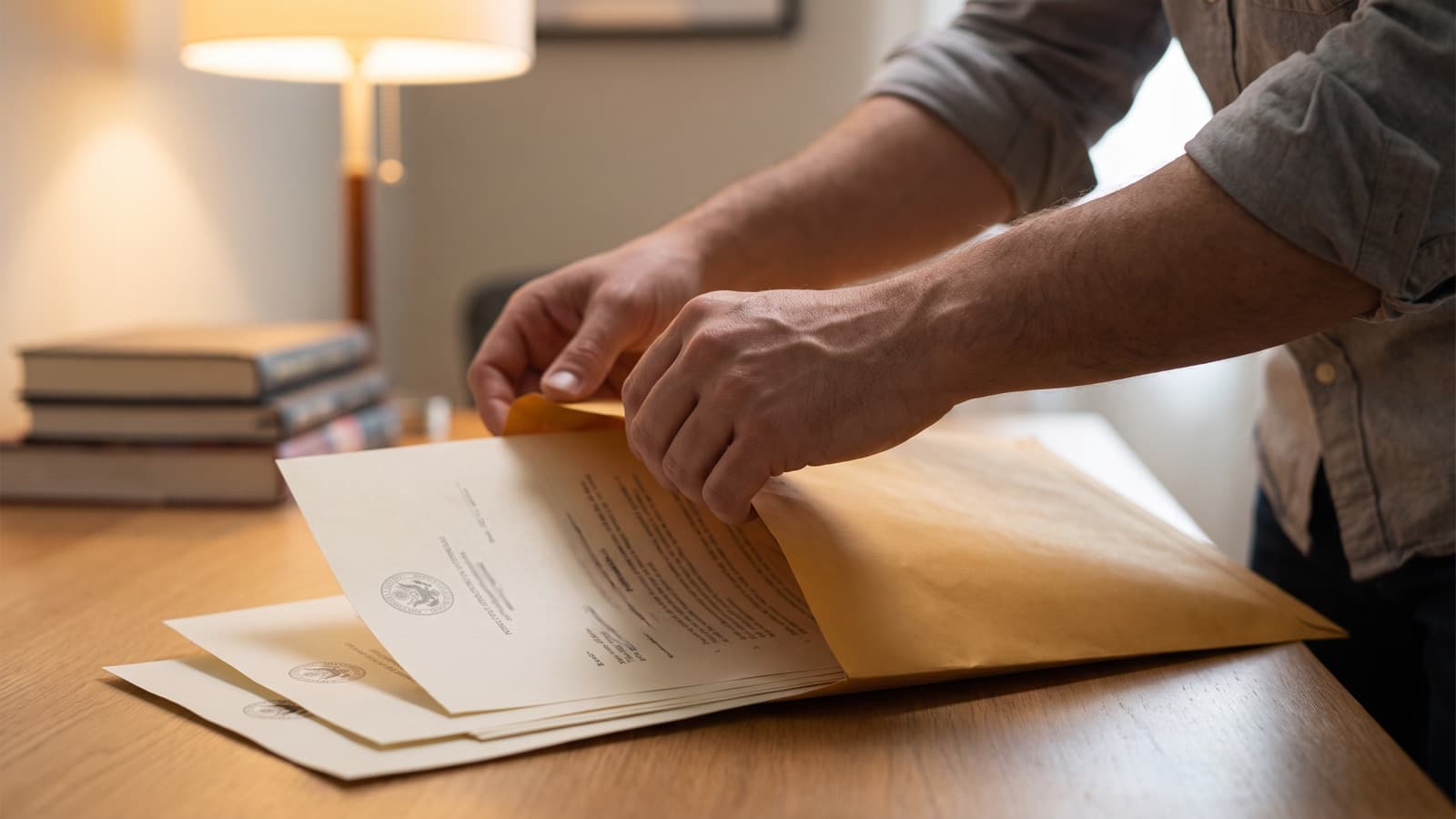 Court documents in a blue backing sheet lying open on a kitchen table next to a calendar and a pen