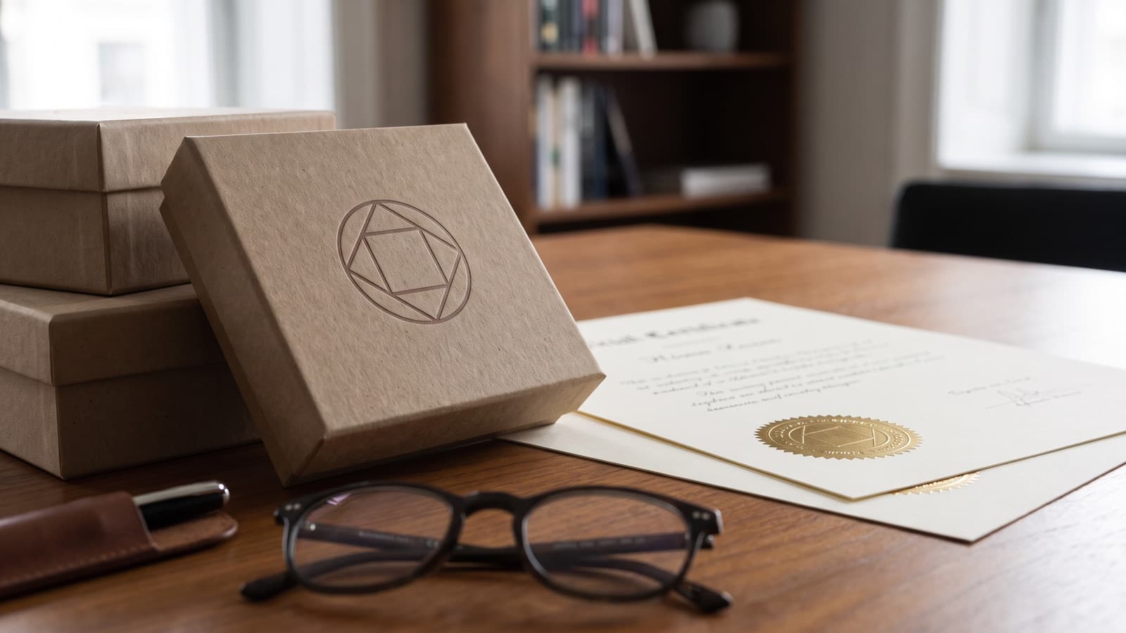 Close-up of a brand logo on product packaging beside a certificate of trademark registration